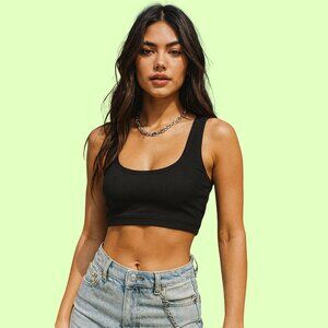 Zara Ribbed Black Cropped Tank – Medium Stretch Scoop Neck Top